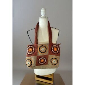 Earth Divas Fair Trade Made Hobo Bag Rust & Tan Floral Granny Squares 14” X 10”